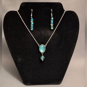 Silver and Blue Jewelry Set, Necklace & Earrings, Assembled By Hand